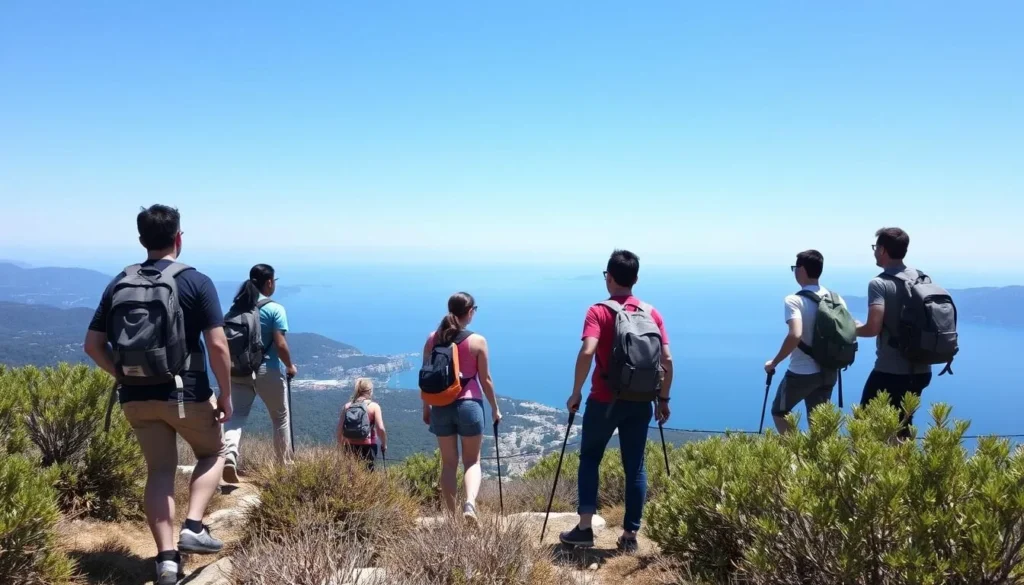 People hiking on Učka mountain with views of Opatija and the Adriatic Sea People hiking on Učka mountain with views of Opatija and the Adriatic Sea