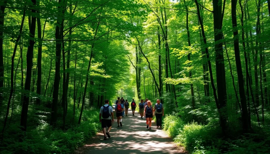 People hiking on a forest trail in Beltzville State Park with sunlight filtering through trees People hiking on a forest trail in Beltzville State Park with sunlight filtering through trees