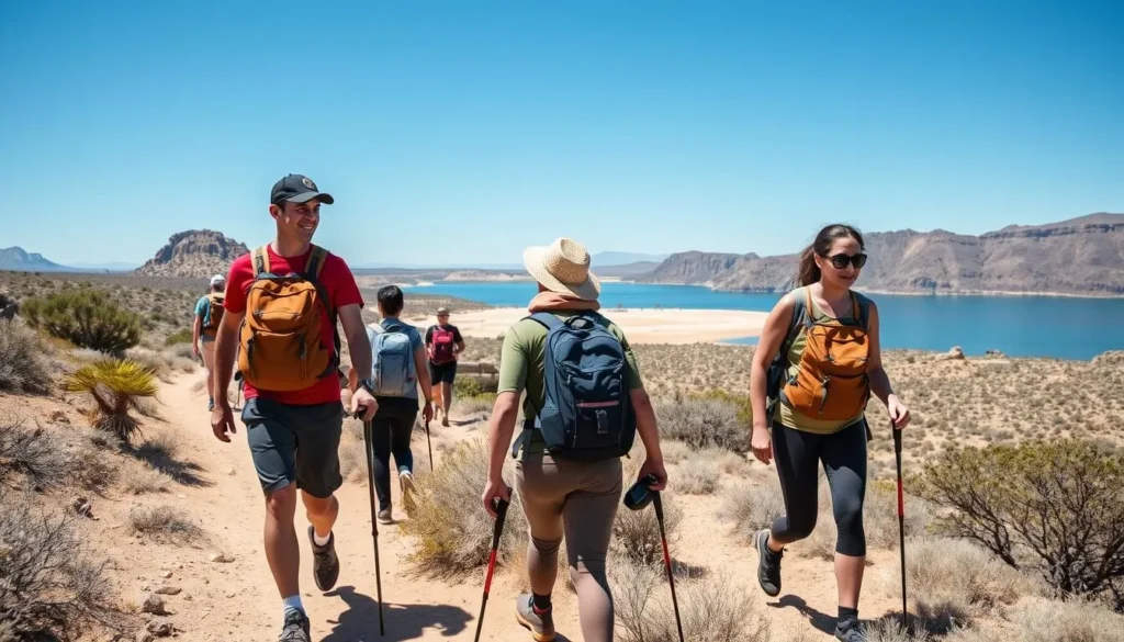 People hiking on the West Lakeshore Trail with views of Elephant Butte Lake People hiking on the West Lakeshore Trail with views of Elephant Butte Lake