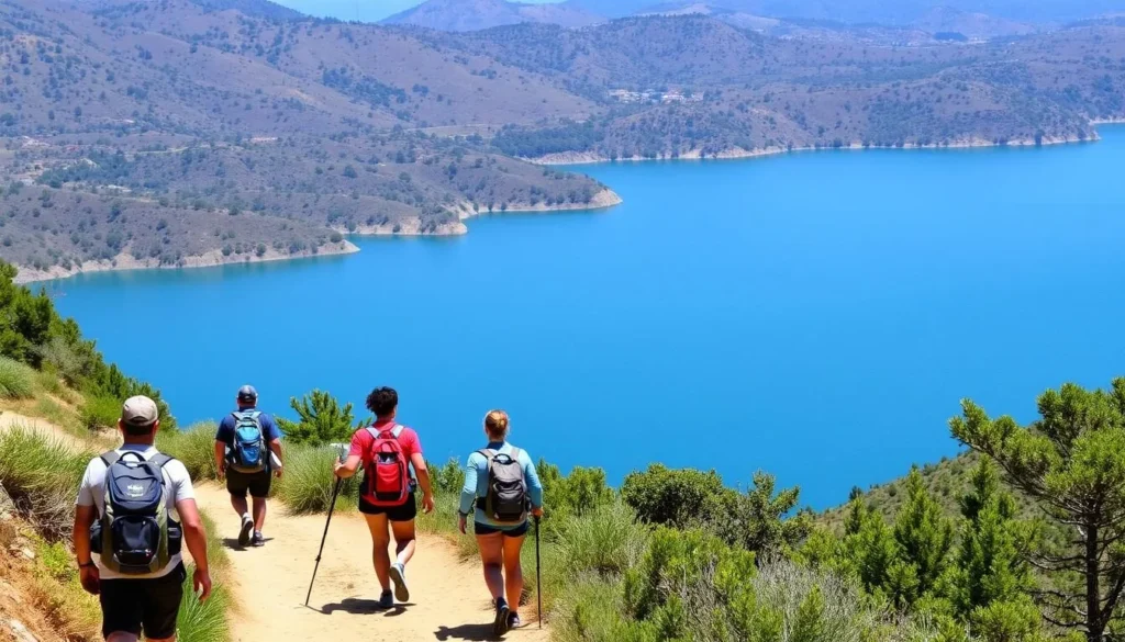 People hiking on trails at Millerton Lake State Recreation Area California with lake views People hiking on trails at Millerton Lake State Recreation Area California with lake views