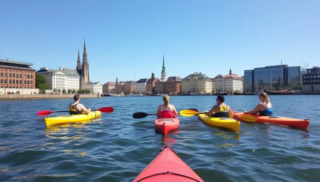 People kayaking in Copenhagen's harbor with city skyline in background