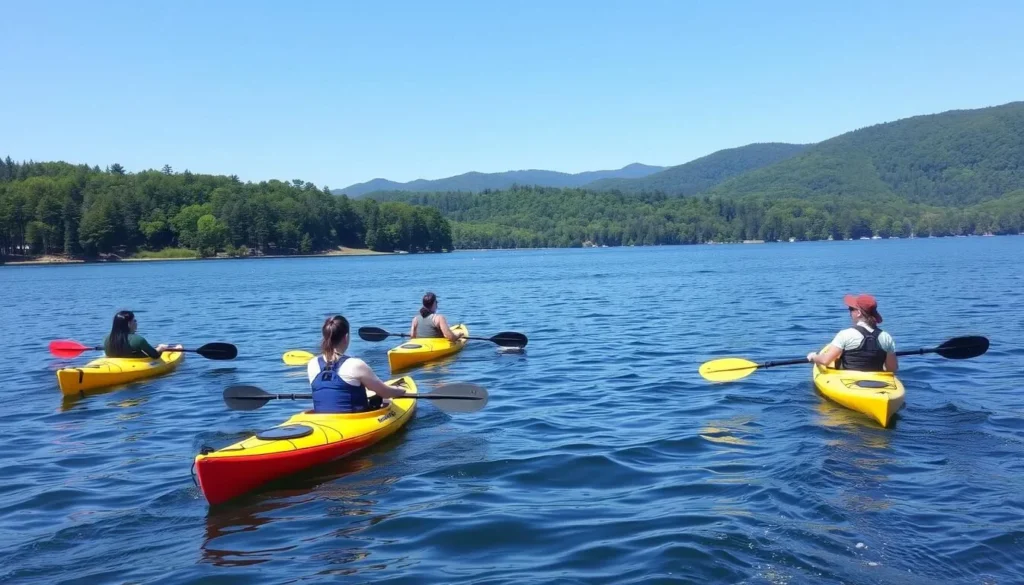 People kayaking on Lake Genero with forested shorelines in the background People kayaking on Lake Genero with forested shorelines in the background