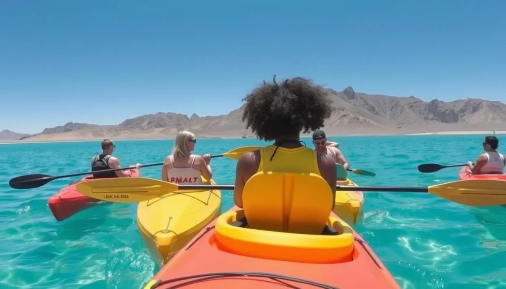 People kayaking on Lake Havasu with desert mountains in background People kayaking on Lake Havasu with desert mountains in background