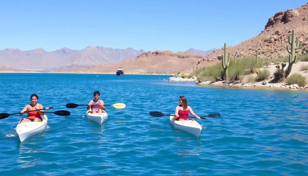 People kayaking on Lake Havasu with desert mountains in the background People kayaking on Lake Havasu with desert mountains in the background