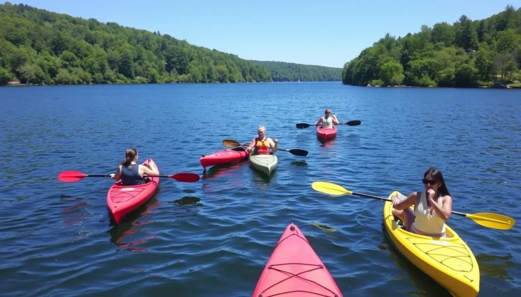 People kayaking on Lake Nockamixon with forested shoreline People kayaking on Lake Nockamixon with forested shoreline