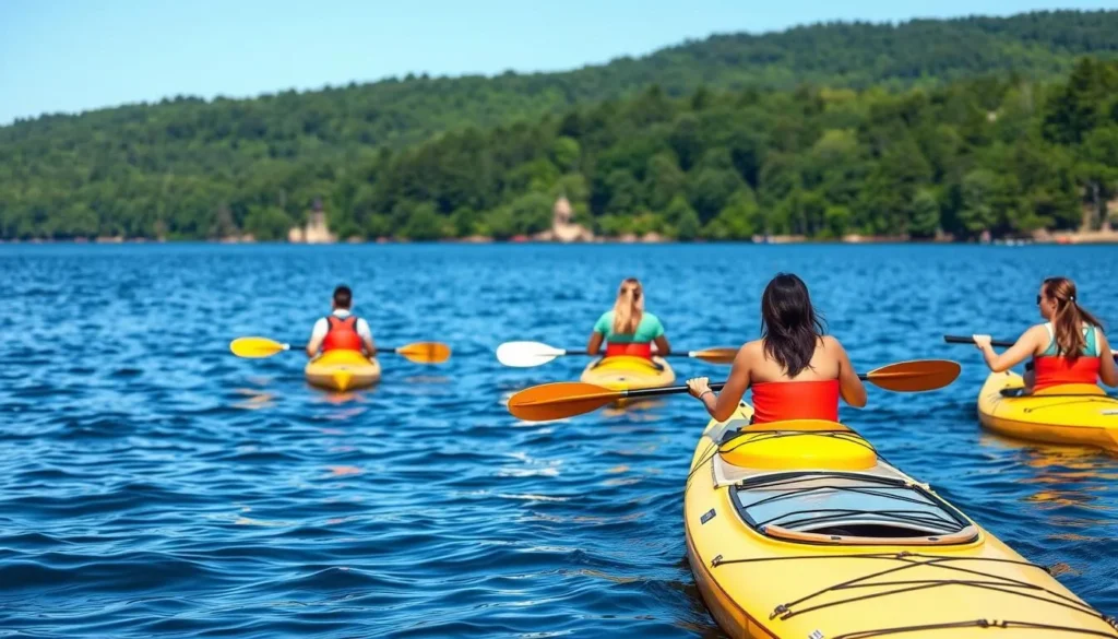 People kayaking on Lake Nockamixon with forested shorelines visible in the background People kayaking on Lake Nockamixon with forested shorelines visible in the background