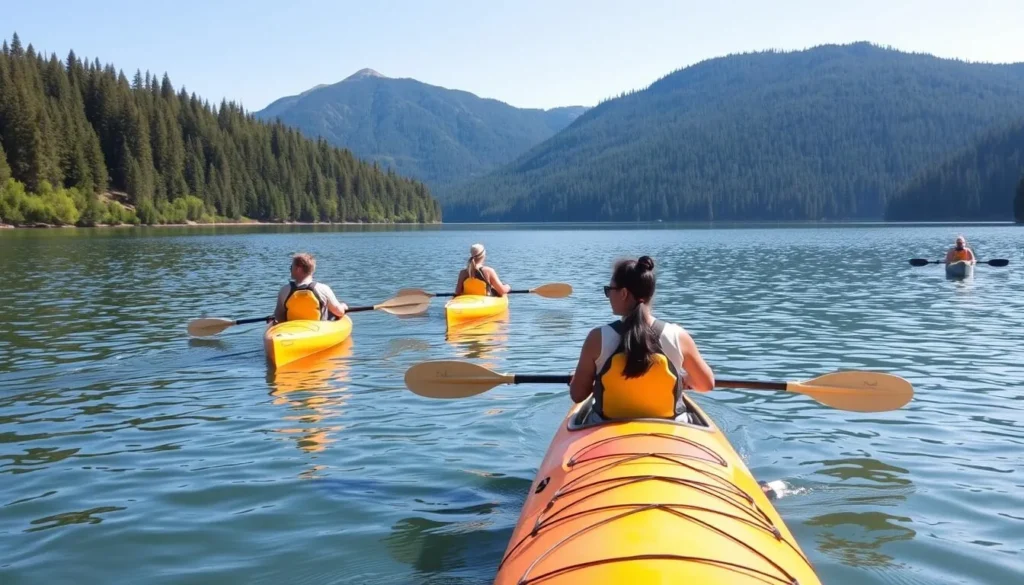 People kayaking on Lake Sherwood with forested shoreline and mountains in background People kayaking on Lake Sherwood with forested shoreline and mountains in background
