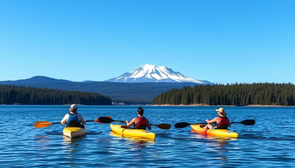 People kayaking on Lake Siskiyou with Mount Shasta in the background People kayaking on Lake Siskiyou with Mount Shasta in the background