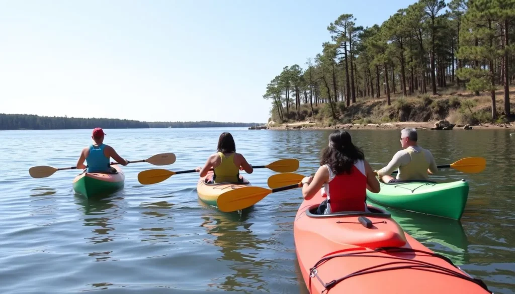 People kayaking on Rocky Bayou with pine forest shoreline in background People kayaking on Rocky Bayou with pine forest shoreline in background