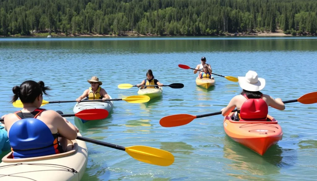 People kayaking on one of Kickapoo State Park's clear lakes surrounded by forested shores