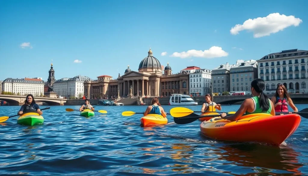 People kayaking on the Spree River in Berlin with city buildings in background