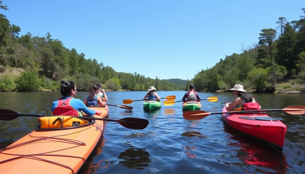 People kayaking on the Suwannee River with forested banks