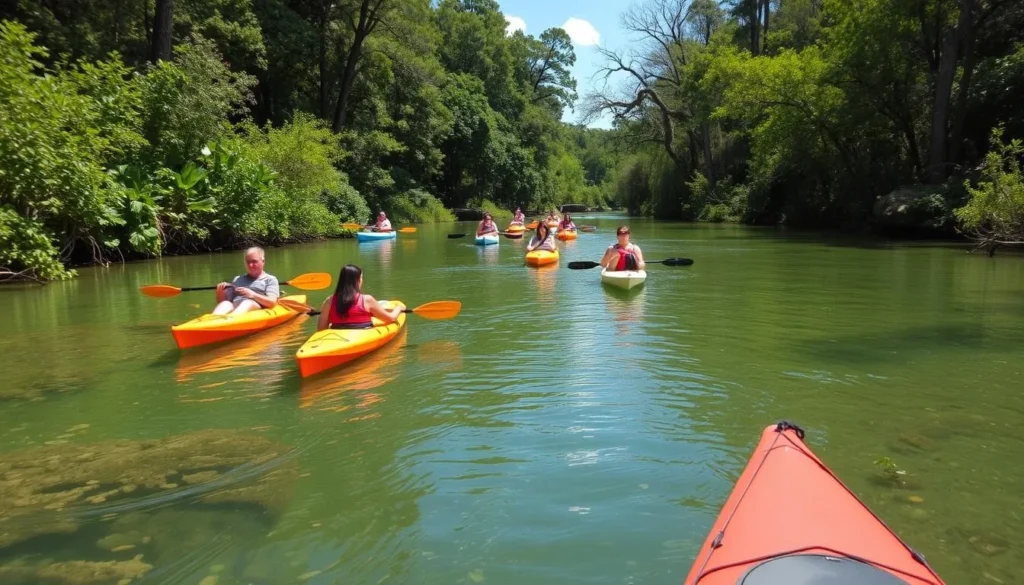People kayaking on the Wekiva River surrounded by lush vegetation People kayaking on the Wekiva River surrounded by lush vegetation