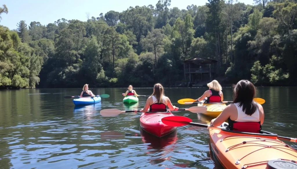 People kayaking on the Yarra River in Warburton surrounded by forest