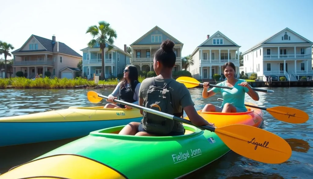 People kayaking on the serene waters of Bayou St. John with historic homes in the background People kayaking on the serene waters of Bayou St. John with historic homes in the background