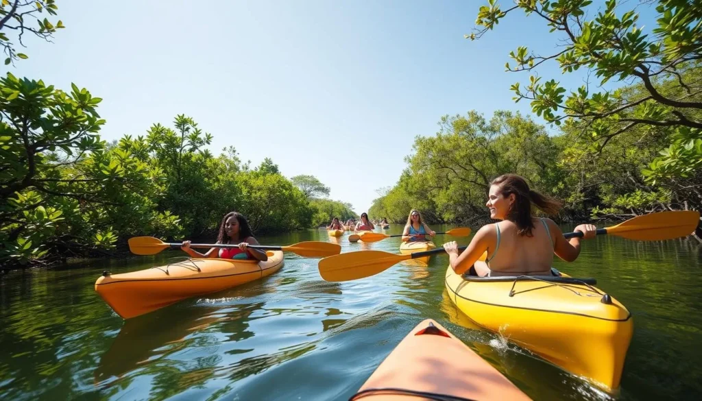 People kayaking through mangrove tunnels at St. Lucie Inlet Preserve State Park Florida