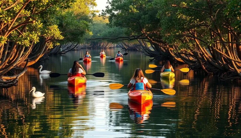 People kayaking through mangroves near Sombrero Beach with birds flying overhead People kayaking through mangroves near Sombrero Beach with birds flying overhead