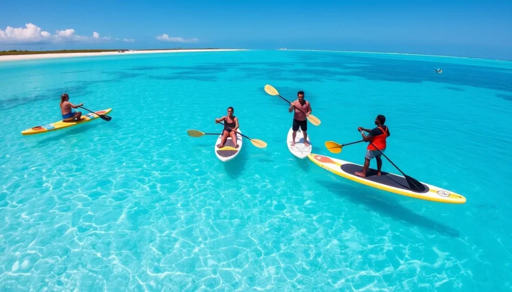 People paddleboarding and kayaking in the clear waters of Seven Mile Beach Grand Cayman