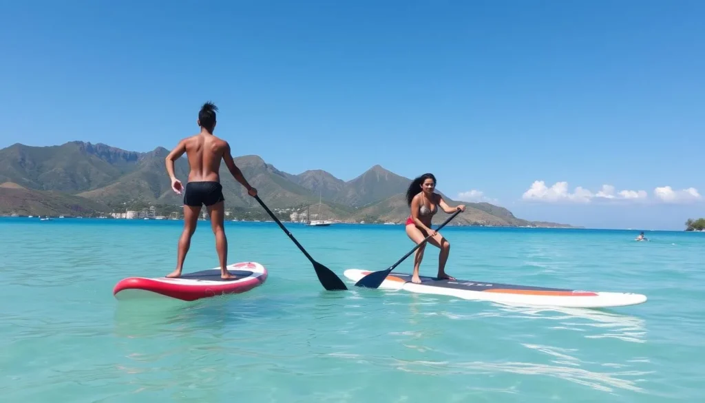 People paddleboarding in Grand Case Bay with mountains in background