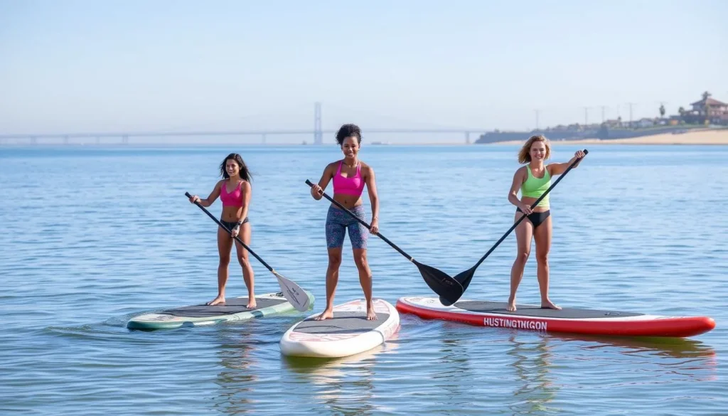 People paddleboarding near Huntington State Beach with calm waters and coastal views People paddleboarding near Huntington State Beach with calm waters and coastal views