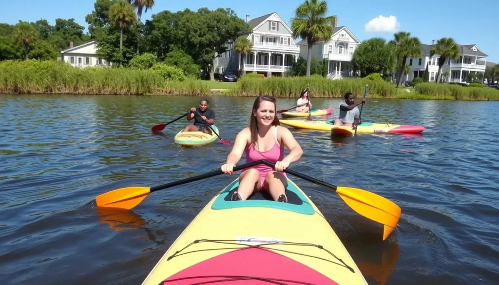 People paddleboarding on Bayou St. John with lush greenery and historic homes in background People paddleboarding on Bayou St. John with lush greenery and historic homes in background