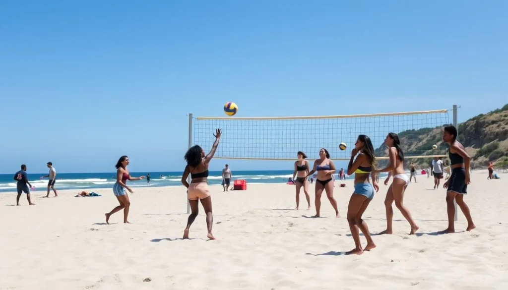 People playing volleyball on the sandy courts at Moonlight State Beach People playing volleyball on the sandy courts at Moonlight State Beach