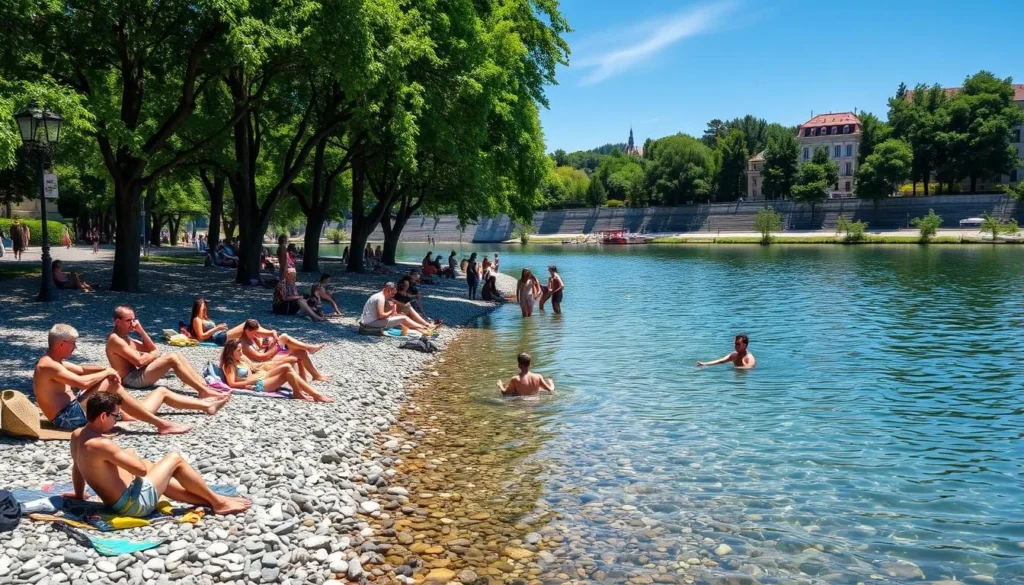 People relaxing and swimming along the banks of the Isar River in Munich on a summer day