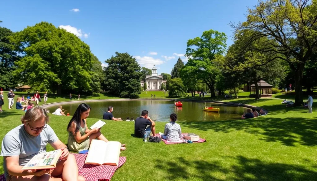 People relaxing in Bremen's Bürgerpark with green lawns and lake, Bremen, Germany: Best Things to Do - Top Picks