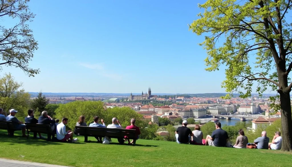 People relaxing in Letná Park with views over Prague's skyline and Vltava River