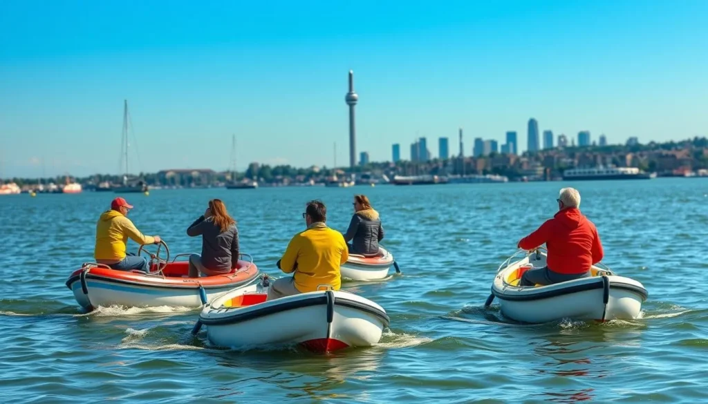 People sailing on the Kiel Fjord with the city skyline in the background