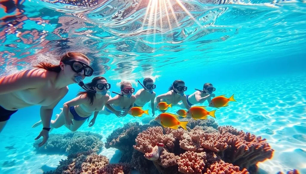 People snorkeling at Sombrero Beach with colorful fish visible in clear water People snorkeling at Sombrero Beach with colorful fish visible in clear water
