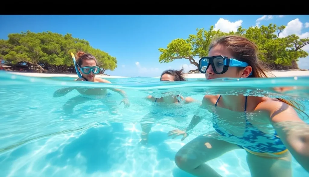 People snorkeling in clear waters at Anse de Mays beach on Marie-Galante