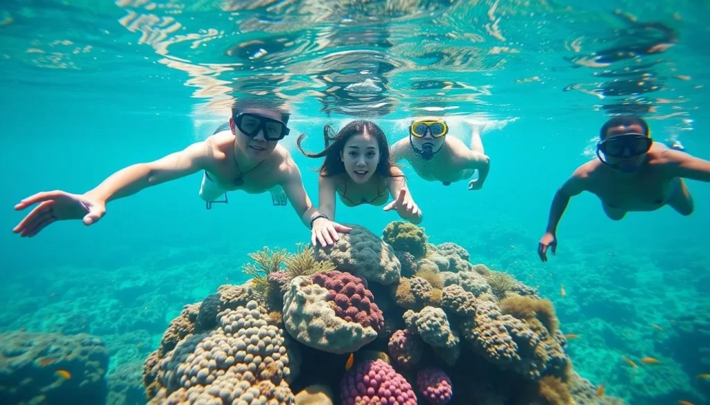 People snorkeling in the clear waters of Noumea New Caledonia's lagoon with colorful coral and fish People snorkeling in the clear waters of Noumea New Caledonia's lagoon with colorful coral and fish