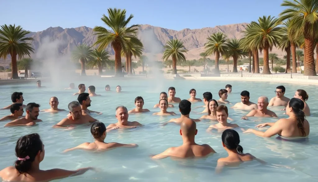 People soaking in the main hot spring pool at Saline Valley surrounded by palm trees