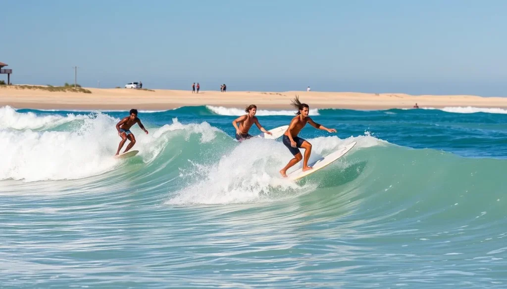 People surfing at Bolsa Chica State Beach California with waves breaking People surfing at Bolsa Chica State Beach California with waves breaking