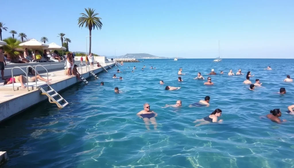 People swimming and relaxing at one of Opatija's beach areas People swimming and relaxing at one of Opatija's beach areas
