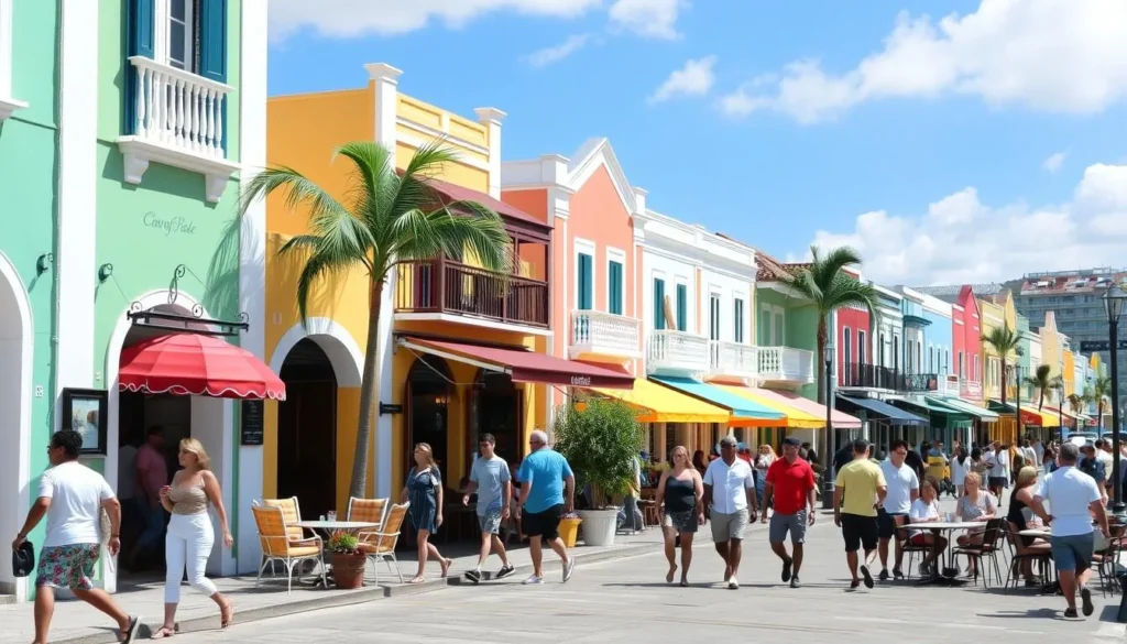 People walking along Grand Case Boulevard with colorful shops and restaurants