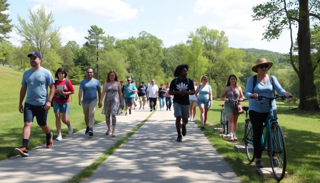 People walking along a trail in North Park, McCandless with rental bikes nearby People walking along a trail in North Park, McCandless with rental bikes nearby
