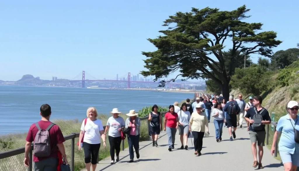 People walking along the Bay Trail with San Francisco skyline views at McLaughlin Eastshore State Park People walking along the Bay Trail with San Francisco skyline views at McLaughlin Eastshore State Park