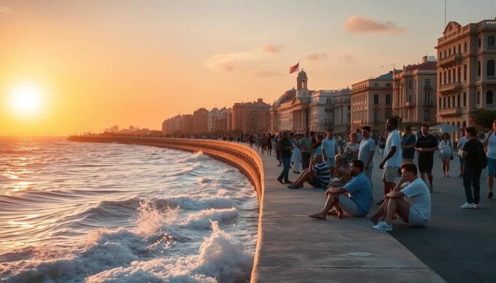 People walking along the Malecón seawall at sunset in Havana