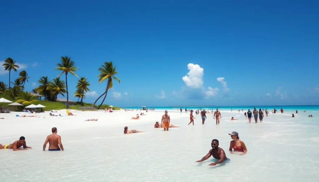 Perfect weather day at Seven Mile Beach Grand Cayman with people enjoying beach activities