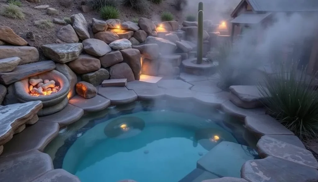 Person enjoying a private outdoor mineral bath at Blackstone Hot Springs Person enjoying a private outdoor mineral bath at Blackstone Hot Springs