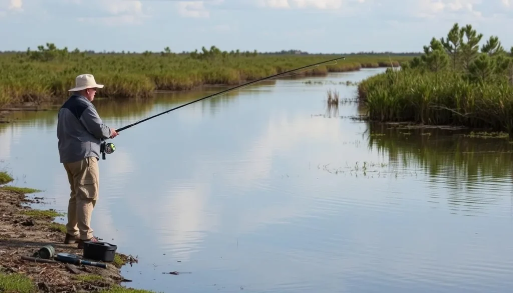 Person fishing from the bank of a waterway at Cameron Prairie National Wildlife Refuge