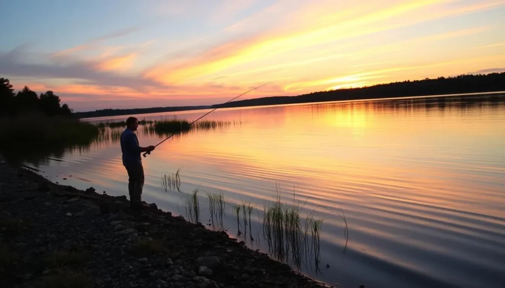 Person fishing from the shore of one of Kickapoo State Park's lakes at sunset
