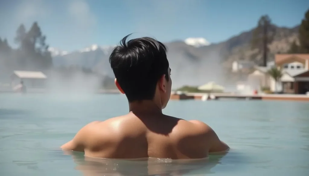 Person relaxing in Crab Cooker Hot Springs with mountain views Person relaxing in Crab Cooker Hot Springs with mountain views