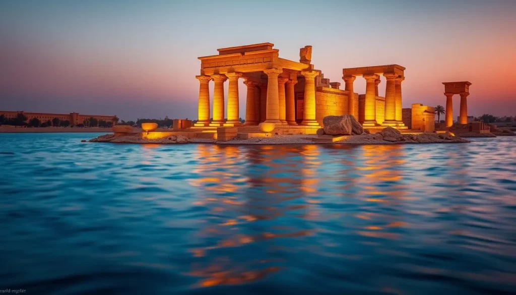 Philae Temple illuminated at sunset with its columns and pylons reflected in the surrounding waters of the Nile