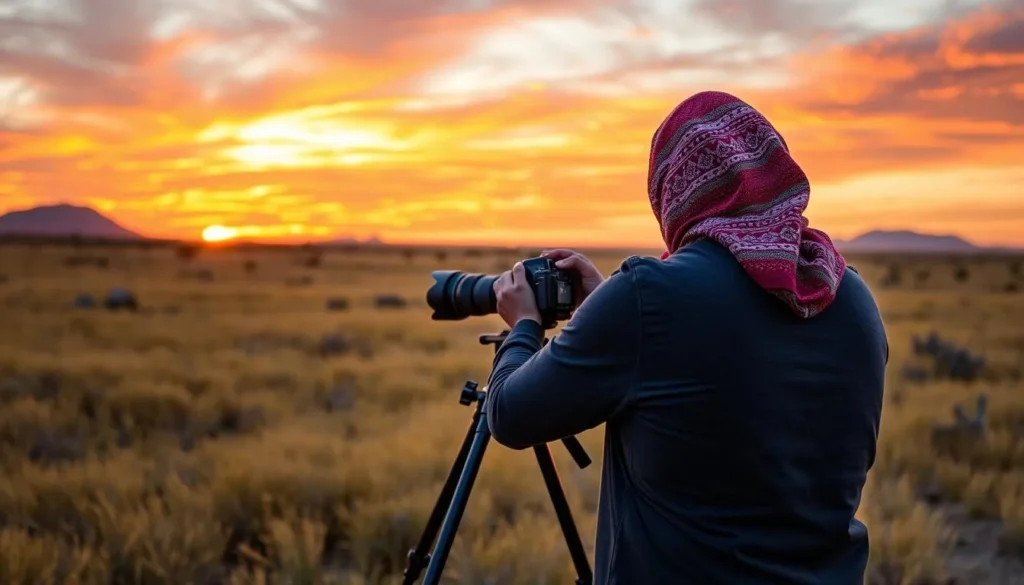 Photographer capturing sunset over the grasslands at Buenos Aires National Wildlife Refuge Photographer capturing sunset over the grasslands at Buenos Aires National Wildlife Refuge