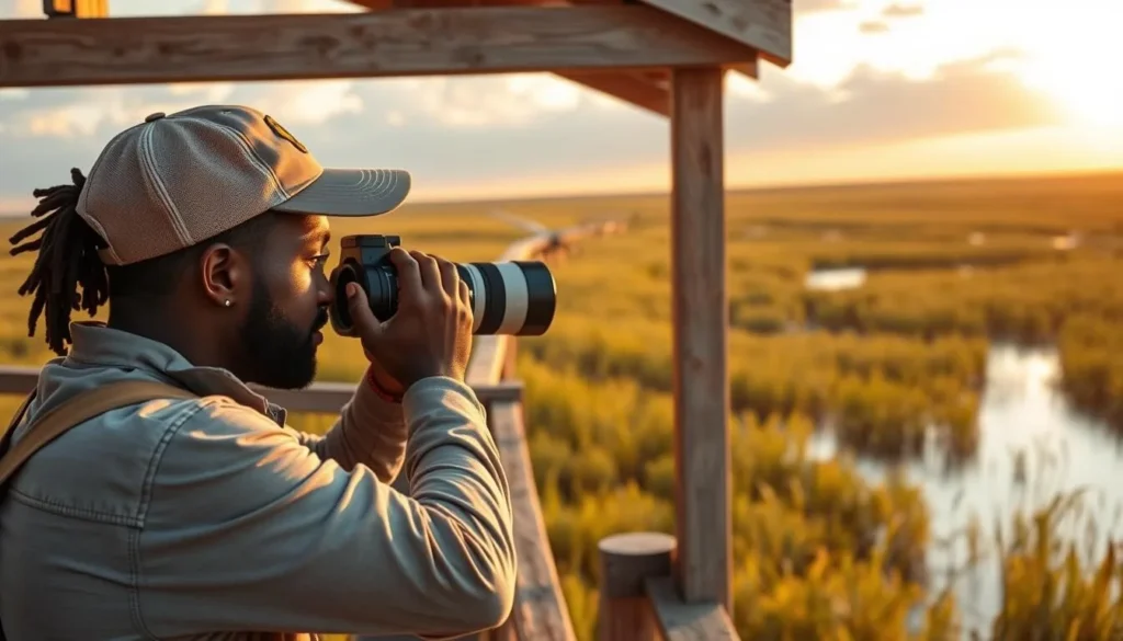 Photographer capturing wildlife at Cameron Prairie Wetlands Louisiana
