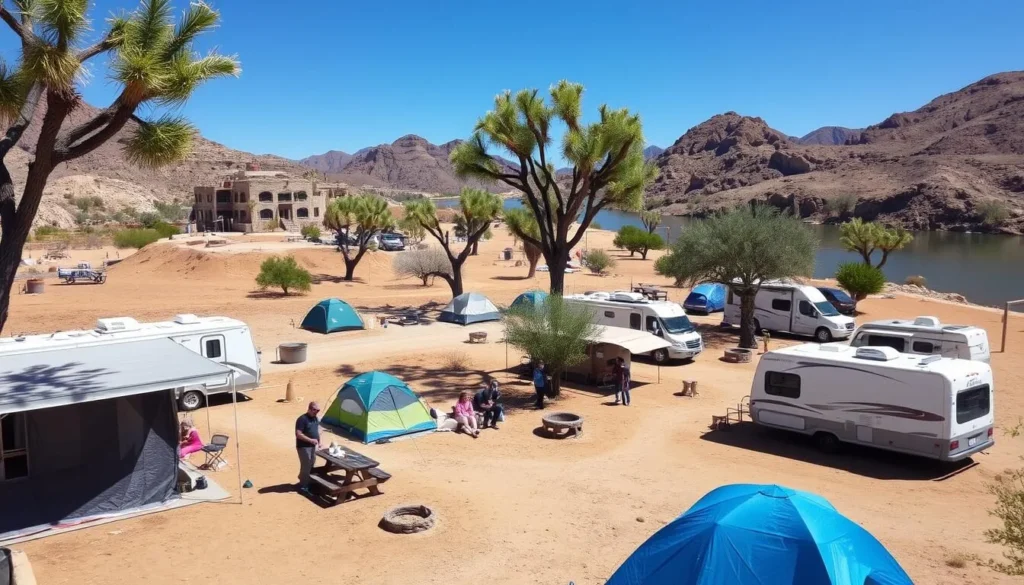 Picacho Main Campground showing campsites along the Colorado River with tents and RVs Picacho Main Campground showing campsites along the Colorado River with tents and RVs