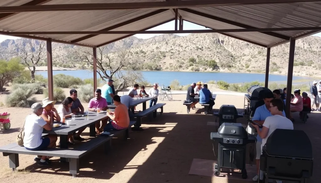 Picnic area at Brantley Lake State Park with tables and grills overlooking the water